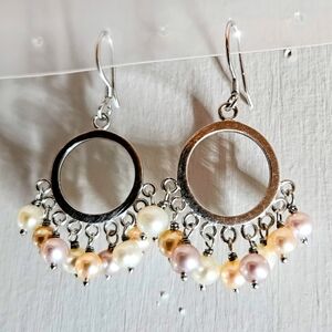 Sterling Silver Earrings With Tri-Colored Pearls.